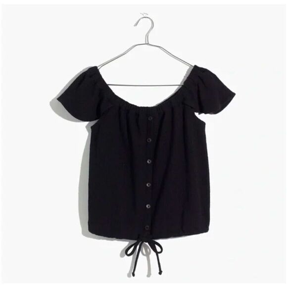 Madewell Texture & Thread Off The Shoulder Black Top with Tie Waist - Picture 2 of 9